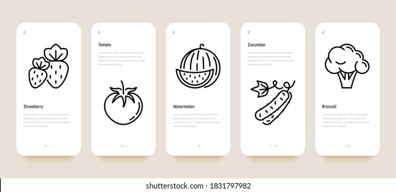 Mobile user interface with fruits and vegetables: strawberry, tomato, watermelon, cucumber, broccoli. Thin line icons. Healthy vegan food. Vector illustration, template, with copy space.