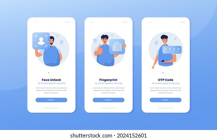 Mobile user interface kit with unlock system security page and people vector illustration set