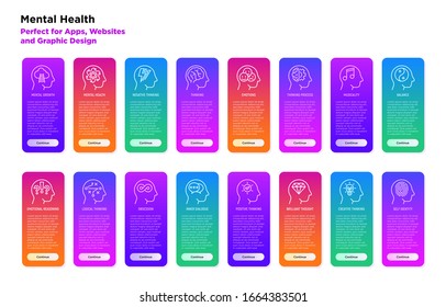 Mobile user interface for mental health problems. Thin line icons: mental growth, negative thinking, emotional reasoning, logical plan, obsession, inner dialogue, self identity. Vector illustration.