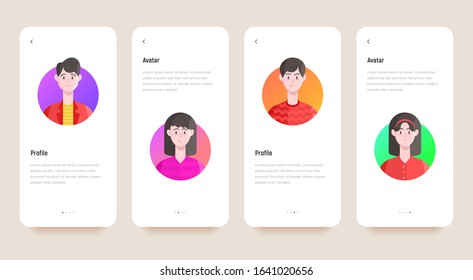 Mobile user interface with people avatars, caucasian, young happy people in casual clothing. Vector illustration in flat style for comments, review.