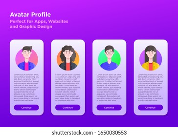 Mobile user interface with people avatars, caucasian, young happy people in casual clothing. Vector illustration in flat style for comments, review.
