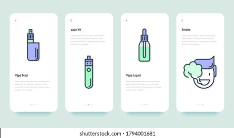 Mobile user interface for smoking production shop. Thin line icons: man is smoking, vape mod, kit, liquid. Vector illustration.