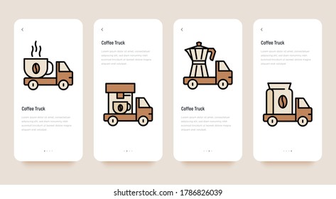 Mobile user interface for street cafe contains coffee truck with thin line icons of coffee machine, coffee maker, bag and beans. Coffee delivery, takeaway. Vector illustration.