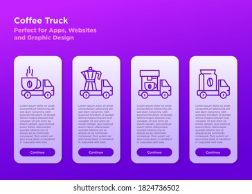 Mobile user interface for street cafe contains coffee truck with thin line icons of coffee machine, coffee maker, bag and beans. Coffee delivery, takeaway. Vector illustration.