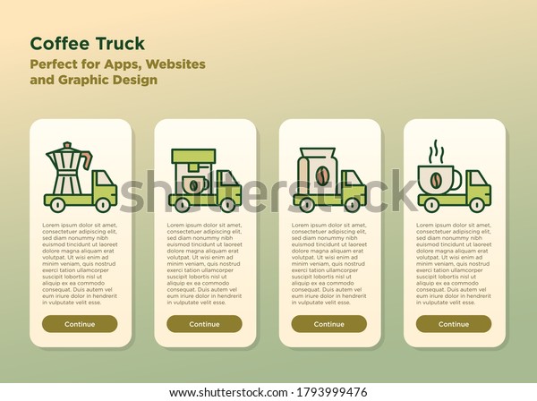 Mobile user
interface for street cafe contains coffee truck with thin line
icons of coffee machine, coffee maker, bag and beans. Coffee
delivery, takeaway. Vector
illustration.