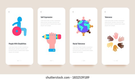 Mobile user interface with tolerance flat icons: people with disabilities, self-expression, globalization, racial tolerance. Vector illustration, template with copy space.
