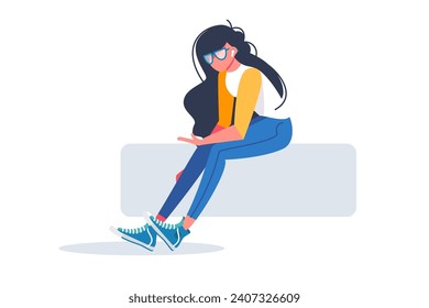 Mobile User on Bench, vector illustration. Stylized person browsing on smartphone while sitting outdoors.