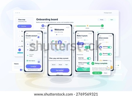 Mobile user onboarding prototype board with account signup, welcome, preferences, access permissions and setup completion mobile UI screens.