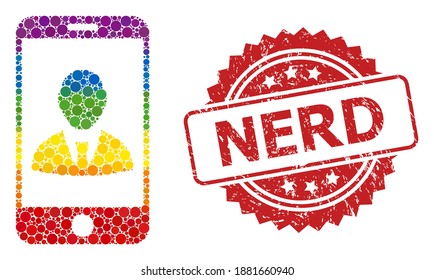 Mobile user profile collage icon of circle spots in different sizes and LGBT colored color tinges, and Nerd unclean rosette stamp. A dotted LGBT-colored Mobile user profile for lesbians, gays,
