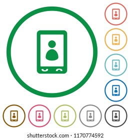 Mobile user profile flat color icons in round outlines on white background