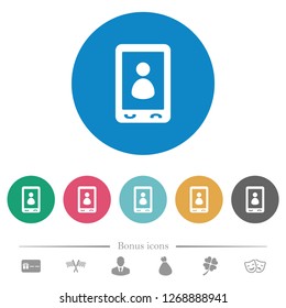 Mobile user profile flat white icons on round color backgrounds. 6 bonus icons included.