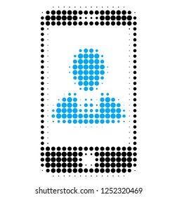 Mobile user profile halftone dotted icon. Halftone array contains circle elements. Vector illustration of mobile user profile icon on a white background.
