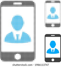 Mobile user profile halftone dotted icon. Halftone array contains circle elements. Vector illustration of mobile user profile icon on a white background.