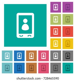 Mobile user profile multi colored flat icons on plain square backgrounds. Included white and darker icon variations for hover or active effects.