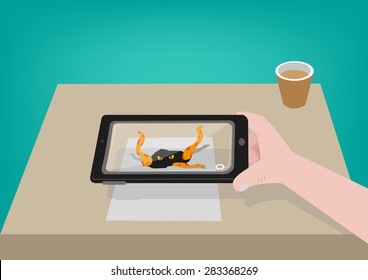 A Mobile User Tries an Augmented Reality Monster App on a Table.