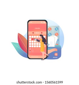 Woman’s mobile utility app for Menstruation calendare, ovulation tracker. Woman hygiene concept.  Mobile. Vector illustration