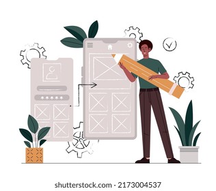 Mobile ux concept. Man with pencil designs graphic elements for smartphone. Interface of mobile application, program or website. Modern technologies and digital world. Cartoon flat vector illustration