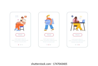 Mobile UX interface template, application interface structure. Freelancer is sitting at the computer. Works from home or office. Designer, programmer, writer, teamwork. Stylized cartoon characters.