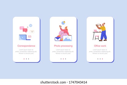 Mobile UX interface template, application interface structure. Freelancer is sitting at the computer. Works from home or office. Designer, programmer, writer, teamwork. Stylized cartoon characters.