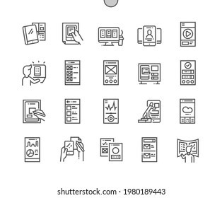 Mobile ux. Social media app. Mobile application. Gui, development, creative, network, prototype, widget, webpage and interface. Pixel Perfect Vector Thin Line Icons. Simple Minimal Pictogram