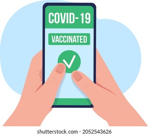 Mobile vaccination passport 2D vector isolated illustration. Hands holding smartphone with immunization pass flat scene on cartoon background. Medical electronic document colourful scene