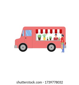 La floristería de la camioneta móvil con un hombre del vendedor. Un hombre compra flores interiores. Ilustración vectorial.