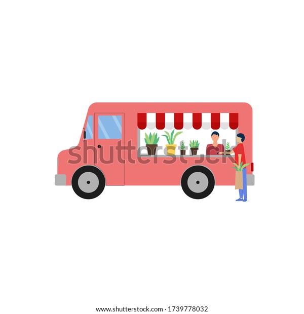 The mobile van flower shop\
with a man by the seller. A man buys indoor flowers. Vector\
illustration.