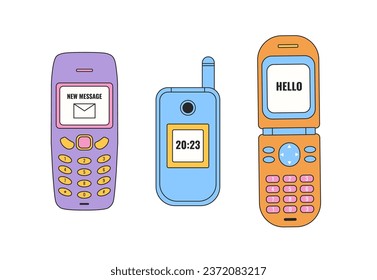 Teléfonos móviles vectoriales de dibujos animados 90s aislados en fondo blanco. Una ilustración de la nostalgia de Y2k.