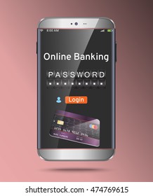 Mobile vector device with credit card. Security online banking technology concept. Password and login, shopping, banking operation on smartphone.
