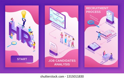 Mobile vertical 3 template of Job agency, isometric infographic template with 3d employer hiring worker, candidates search work via human resource mobile app, office business people, vector