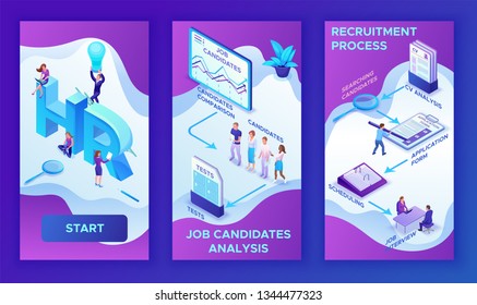 Mobile vertical 3 template of Job agency, isometric infographic template with 3d employer hiring worker, candidate search work in human resource mobile app, office business people, vector illustration