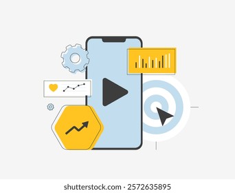 Mobile video analytics illustration with smartphone, play button, charts, growth arrow and target. Video performance, marketing insights, audience engagement and data tracking vector illustration