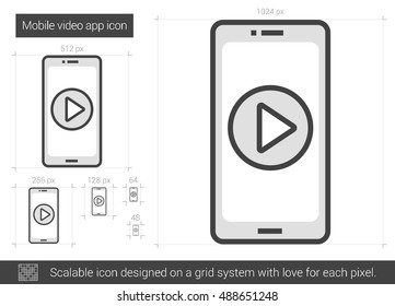 Mobile video app vector line icon isolated on white background. Mobile video app line icon for infographic, website or app. Scalable icon designed on a grid system.