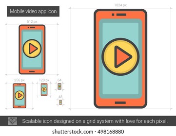 Mobile Video-App, Vektorsymbol einzeln auf weißem Hintergrund. Mobile Video-App Symbol für Infografik, Website oder App. Skalierbares Symbol, das auf einem Gittersystem entworfen wurde.