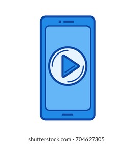 Mobile video app vector line icon isolated on white background. Mobile video app line icon for infographic, website or app. Blue icon designed on a grid system.