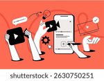 Mobile video, video call, live streaming. Vector illustration for web banner, social media banner, business presentation, marketing material. 