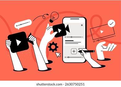 Vídeo móvel, chamada de vídeo, transmissão ao vivo. Ilustração vetorial para banner da web, banner de mídia social, apresentação de negócios, material de marketing. 