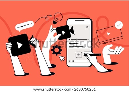 Mobile video, video call, live streaming. Vector illustration for web banner, social media banner, business presentation, marketing material. 