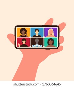 Mobile video call team for remote work conference concept in flat style. Video conference on screen phone in hand