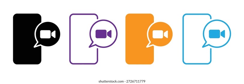 Ícones de bate-papo com vídeo móvel em diferentes cores e estilos. Ilustração vetorial do ícone de chamada de vídeo móvel. Design de ícone Mobile Video Chat com ilustração de stock de fundo branco.