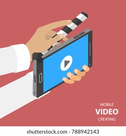 Mobile video creating flat isometric vector concept. Smartphone that looks like a clapperboard is used for shooting some scene.