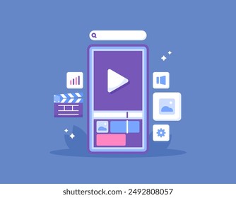 mobile video editing application concept. video editor. smartphone illustration showing the appearance of video processing software. technology. flat style design. graphic elements