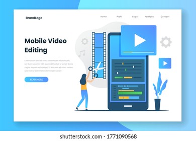 Mobile video editing landing page template. Illustration for websites, landing pages, mobile applications, posters and banners.