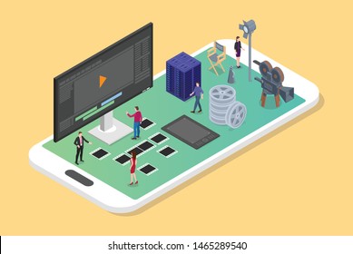 mobile video editing and production on the smartphone with various set of movies productions with modern isometric flat style - vector