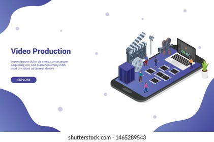 mobile video editing and production on the smartphone with various set of movies productions with modern isometric flat style for website template landing homepage - vector