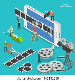 Mobile video editor flat isometric low poly vector concept. People create a movie on smartphone using film strip and sticky tape. 