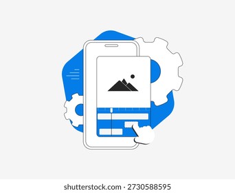 Editor de vídeo móvel para clipes de bobinas curtas na tela do smartphone com toques de dedo. Tecnologia de aprimoramento de aplicativo para editor de vídeo móvel criação de conteúdo digital conceito de mídia social ilustração vetorial
