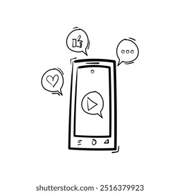 Mobile Video Play, Social Media Share Icon Doodle Illustration