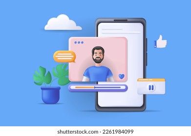 Mobile video player concept 3D illustration. Icon composition with mobile software for viewing video content, live broadcasts, blogs, trainings and webinars. Vector illustration for modern web design