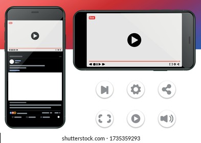 Mobile Video Player Vector UI Concept for Social Network on Photo Realistic Smartphone Screen Isolated on White Background. Online TV Watching on Mobile Device